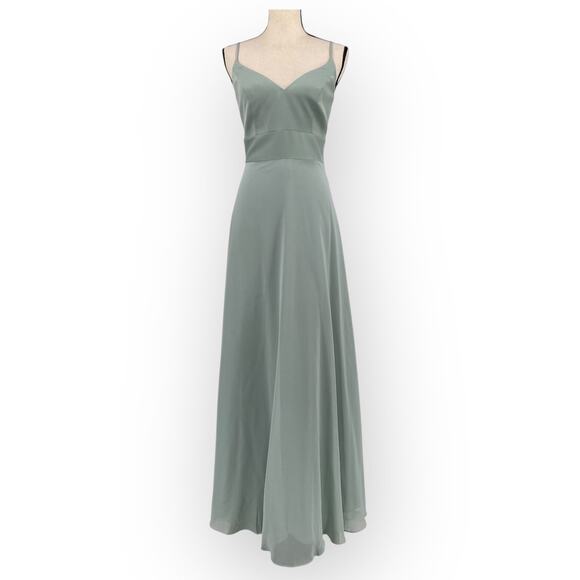 David's Bridal Spaghetti Strap Crepe-Back Satin Dress in Dusty Sage - Picture 2 of 13